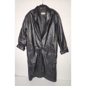 Vintage Ricardo Black Long Leather Duster Jacket 2 Button Womens Size 20T